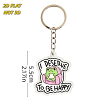 Porte-clés en acrylique I Deserve to Be Happy Frog, grenouille verte de dessin animé sur fauteuil rose, pendentif découpé en forme de nuage, anneau métallique