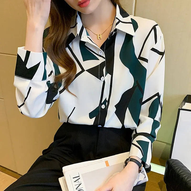 Women Printed Tops Women's Blouses Fashion Casual Long Sleeve Office Lady Work Shirts Female Slim Blusas