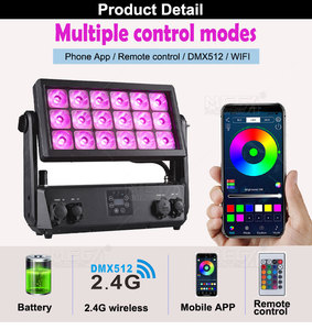 वाटरप्रूफ 18x20w rgbwa uv 6in1 वायरलेस बैटरी के नेतृत्व वाली शहर की दीवार वॉशर लाइट आईपी 65 dmx512 - Product Image 2