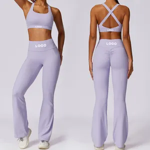 Ausgestellte Hosen hohe Taille Sporthosen und Rückenrücken-Design-Husschen Damen 2-teilig individuelles Logo Fitness-Sportbekleidung Yoga-Set