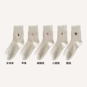 Calcetines deportivos de poliéster para mujer, hasta la pantorrilla, con estampado de helado, manzana, lazo y hongos, que absorben el sudor y son resistentes al olor, para jóvenes, primavera - Product Image 3