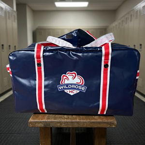 <b>Navy</b> Blue Vinyl Hockey Duffel <b>Bag</b> With Red White Straps custom Logo for Hockey Gears - Product Image 1