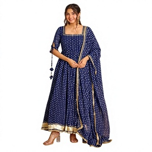 Conjunto de Vestido, Dupatta y Pantalón de Georgette Sintético con Estampado Bandhej - Reversible, Elástico, Protección Solar, para Fiestas en Todas las Estaciones - Product Image 1