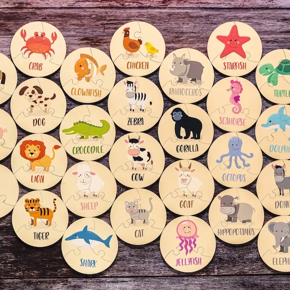 Best selling Toddler toys 2 years old custom Montessori Jigsaw puzzles wooden flash cards with Animals/pets/Marine life