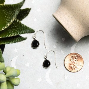 Sterling Silver Black Onyx Small Drop <b>Earrings</b> Dainty Petite Minimalist Gemstone Jewelry Gift For Women - Product Image 1