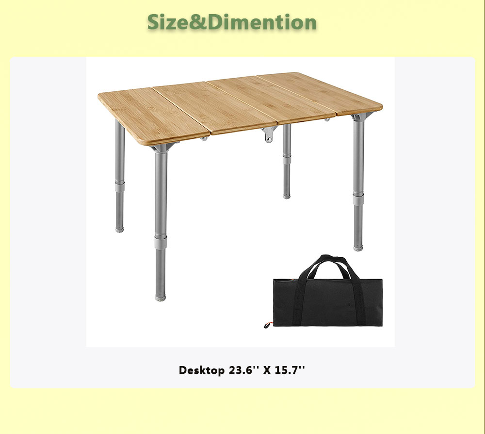 Tavolo Portable Folding Bamboo Table with Adjustable Height Aluminum Legs for Camping Picnic Or Home Furniture Table