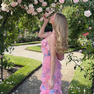 فاخر أنيق نسائي وردي بألوان مائية مطبوع السباغيتي بحمالات مكشكشة مكشكشة فستان سهرة للحفلات من الدانتيل بطول الأرضية طبيعي - Product Image 2