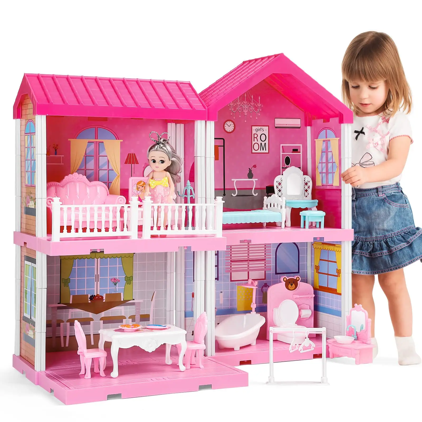 WANHUA2023卸売ピンク木製大きな人形の家女の子都市