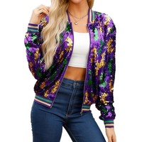 Veste bomber réversible à paillettes Mardi Gras, dégradé violet, vert, or, avec fermeture éclair, pour femmes