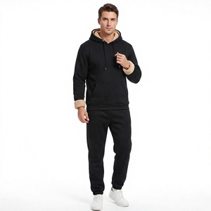 Conjunto Deportivo de Sudadera con Capucha y Pantalones de Chándal para Hombre, Forro Polar Negro, Ropa Casual de Invierno, Manga Larga, Color Sólido, Pantalones con Cordón - Product Image 3
