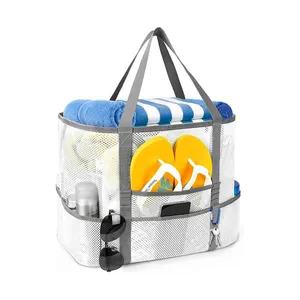 Low Moq Multi-Functionele Persoonlijkheid Zomer Custom Logo Enorme Blanco Grote Capaciteit Mesh Strandtas Met Zakken