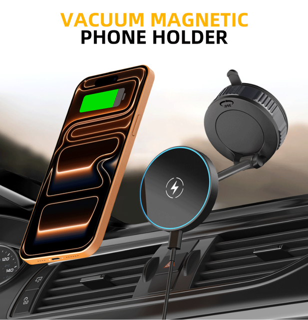 Magnetic Car Wireless Charger Mount, 360° Rotatable Vacuum Phone Holder for iPhone 17