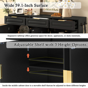 Aparador Moderno para Comedor, 3 Cajones, 4 Puertas, 59.1 Pulgadas, Multifuncional, Almacenamiento para Cocina, Estante Ajustable, Duradero - Product Image 6