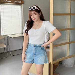 Shorts de Mezclilla para Mujer Runqi N7695, Azules, con Dobladillo Deshilachado, Cintura Alta, Diseño con Bolsillos, Algodón, Tallas Grandes - Product Image 2