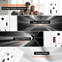 Soket listrik dinding tanam tahan Tamper Outlet pengisian cepat tipe A + C USB Tipe A + C standar USA 20 Amp 125V