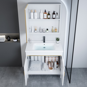 Modern smart storage mirror cabinet white washbasin floor cabinet LED monochrome light strip - Product Image 4