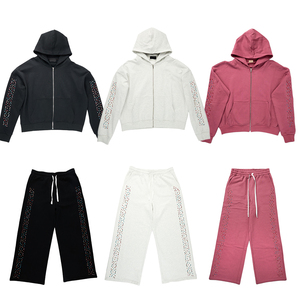 KIingSen Wholesale Custom Terry Breathable 400gsm Winter Acid Washed Rhinestones Men's Zip up Hoodie Sweatpants Street Wear Set - Product Image 5