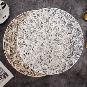 2022 Year 15 Inch Pressed Vinyl Round Table Mats Hollow Washable Gold Metallic Place Mats For Dining Table Decoration