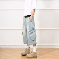 Short trois-quarts en denim uni rétro américain pour hommes Jeans de travail baggy décontractés à jambes larges unisexe lavage moyen pour l'été