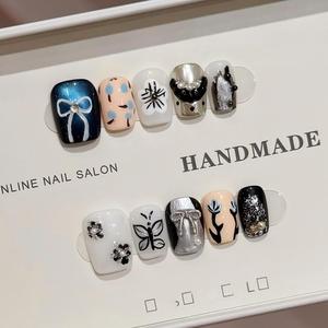 Uñas postizas de alta gama para boda, efecto ojo de gato blanco leche, oro, diamante, rosa, cuadradas medianas, con incrustaciones metálicas, para usar en las manos. - Product Image 4