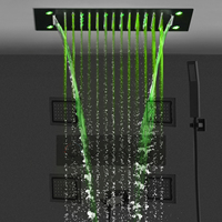 Panneau de douche LED noir mat avec système de douche pluie et cascade, jets latéraux et mitigeur thermostatique avec inverseur