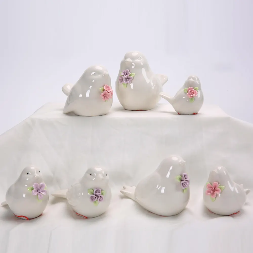 Home Decoration Statue Ornament Cute Birds With Flower Figurines Ceramic Animal Desktop Decor