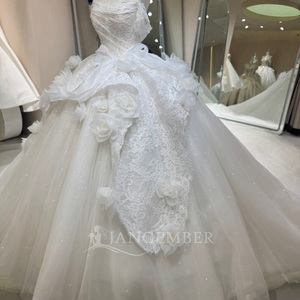 Dw0235 <b>Romantic</b> Strapless Draped Bodice 3D Camellia Flower Lace Peplum Shimmer Tulle Ball Gown Wedding <b>Dress</b> Jancember - Product Image 3