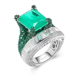 Luxe S925 Sterling Zilver Emerald Ring Sieraden Volledige Zirconia Big Green Stone Ringen Turkse Sieraden Set