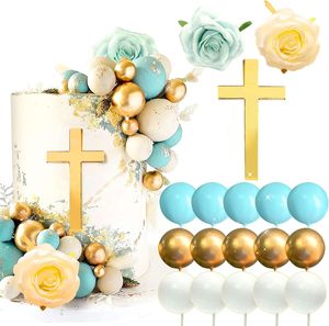 Ensemble de décorations de gâteau en forme de croix dorée avec des roses blanches et des pics décoratifs <span class=keywords><strong>pour</strong></span> baptême, première <span class=keywords><strong>communion</strong></span> et mariage - Product Image 2