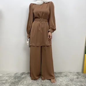 2024 mi-orient arabe Islam vêtements femmes musulmanes à manches longues taille ceinture 2 pièces pantalon ensemble vêtements amples