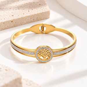 Brazalete con Motivo de Árbol y Circonitas, Acero Inoxidable y Circonitas, Baño de Oro de 14K al Vacío - Product Image 1