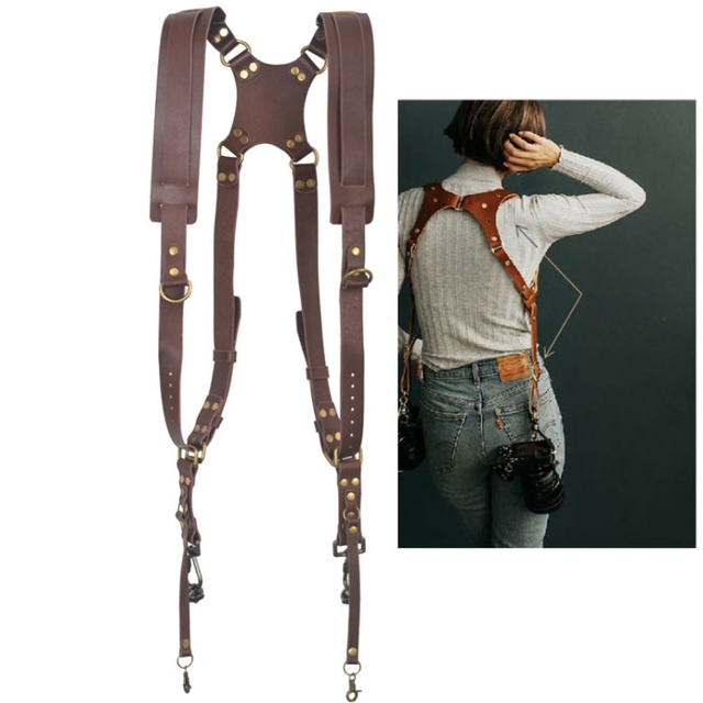 High Quality Quick Release Anti-Slip Dual Shoulder Leather Harness Camera Strap With Metal Hook for SLR / DSLR Cameras