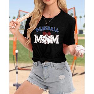 เสื้อยืดเบสบอลมัมสำหรับผู้หญิง แขนสั้น ผ้าฝ้ายเจอร์ซีย์ สำหรับวันแข่งขัน พร้อมโบว์และลายพิมพ์ตัวอักษร - Product Image 2
