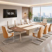 Ensemble de table de conférence moderne bicolore en bois, table de luxe à quatre pieds avec chaise visiteur cantilever en cuir pour projet de bureau