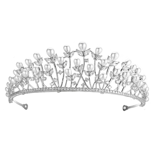 Tiara Floral Personalizable Chapada en Oro / Oro <span class=keywords><strong>de</strong></span> 18K Hecha a Mano con Perlas y Circonitas Cúbicas, Accesorios <span class=keywords><strong>para</strong></span> el Cabello <span class=keywords><strong>de</strong></span> Novia, <span class=keywords><strong>Corona</strong></span> <span class=keywords><strong>para</strong></span> <span class=keywords><strong>Boda</strong></span> - Product Image 4