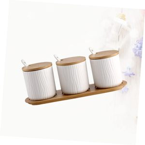 Boîtes en céramique carrées pour café, thé et sucre, 3 pièces/ensemble avec couvercle en bambou et support, lavables au lave-vaisselle, écologiques - Product Image 5