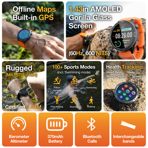 Reloj Inteligente AGM W1 Pro con GPS, Mapa Fuera de Línea, 370 mAh, Más de 100 Modos Deportivos, 5 ATM, IP68, Cristal <span class=keywords><strong>Gorilla</strong></span>, Brújula de Lujo, Calendario, OEM, Resistente para Exteriores - Product Image 2