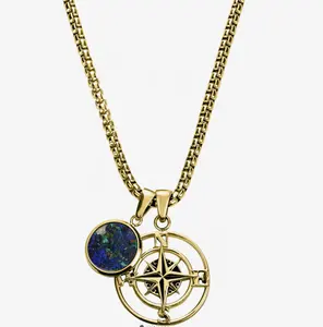 Creative Compass Hollow Lettering Blue Malachite Pendant Stainless Steel Necklace Custom Vintage Luxury Compass Women's Necklace