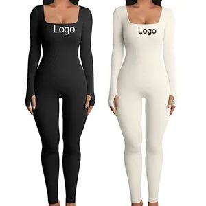 Custom logo Casual Black Bodysuit Fitness Rompers 2023 Y2K Playsuit Streetwear Polyester Basic Bodycon Jumpsuit For Women