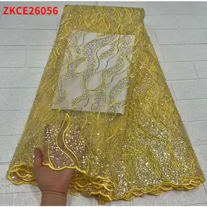 Gaun tekstil renda jaring bordir Tulle Prancis, kain jala kain Tulle renda Afrika berkelanjutan dengan payet manik-manik