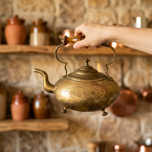 Bouilloire à thé vintage en laiton avec poignée et couvercle en bois, pot à eau en métal - Product Image 6