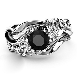 Anello Floreale con Gemma Nera per Donne, Elegante Gioiello da Dito alla Moda - Product Image 3
