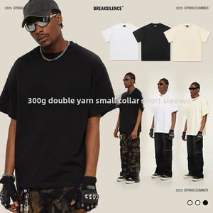 Camiseta de algodón puro de 300g con doble hilo, cuello pequeño, color liso, manga corta, estilo vintage, corte holgado, unisex, a la moda, transfronteriza. - Product Image 2