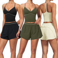 Ensemble de yoga TZ9615-6 pour femme : débardeur color-block à col halter et short de fitness à séchage rapide avec poches et volants couvrant les hanches