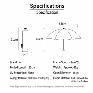 Parapluie pliant ultra-léger 65g en fibre de carbone, mini format de poche, imperméable, portable, avec impression de logo personnalisé - Product Image 2