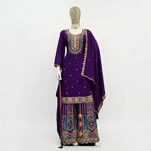 Nouvelle collection Automne Hiver : Ensemble Salwar Kameez indien 3 pièces décontracté à manches longues, en chinon épais avec broderies, séchage rapide et coupe ample. - Product Image 1