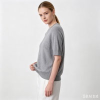 T-shirt en cachemire pur pour femme, col rond, couleur unie, manches courtes, coupe ample, doux, luxueux, tricoté, basique, pour le bureau ou décontracté
