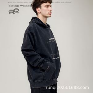 Sweat à capuche ample et tendance pour homme, style vintage américain, noir délavé, 100 % coton, style urbain - Product Image 3