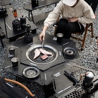 Muebles Multifuncionales para Acampar al Aire Libre, Mesa de Barbacoa Desmontable Plegable Hexagonal de Aleación de Aluminio y Madera, Juego Completo