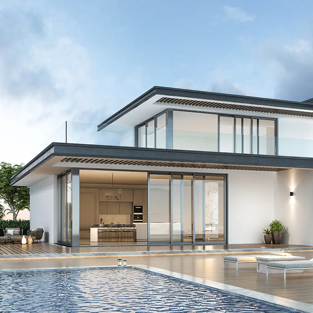Fábrica al por mayor Villa Casa de diseño moderno Casa de aluminio Ventanas abatibles de vidrio francés